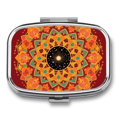 Mandala Print Pill Box Small Pill Organizer with 2 Compartments and Mirror Portable Travel Metal Pillcase for Pocket Or Purse, Privacy-Protecting Medicine Box