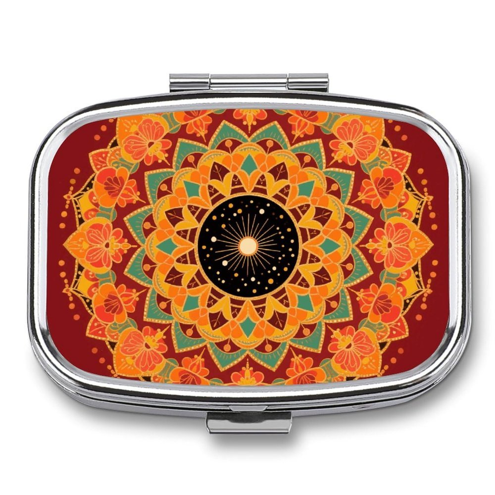 Mandala Print Pill Box Small Pill Organizer with 2 Compartments and Mirror Portable Travel Metal Pillcase for Pocket Or Purse, Privacy-Protecting Medicine Box