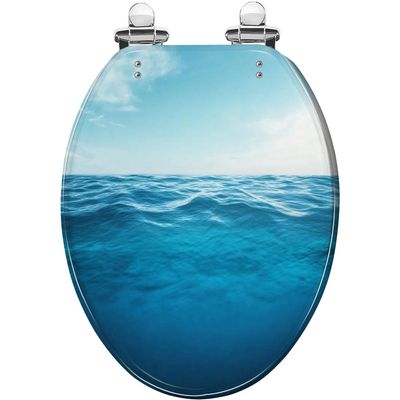 Elongated Toilet Seat Art Resin Decorative Blue Ocean Scene, Easy Install Quiet Slow Close Quick Release Hinges with Cover