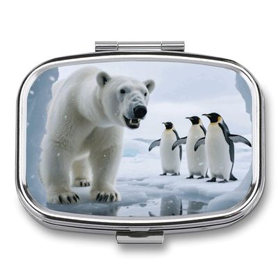 Polar Bear and Penguin Pill Box Small Pill Organizer with 2 Compartments and Mirror Portable Travel Metal Pillcase for Pocket Or Purse, Privacy-Protecting Medicine Box