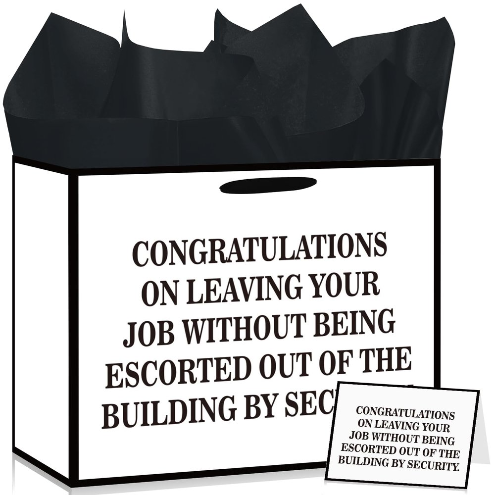 Funny Coworker Farewell Gift Bag White Retirement Wrapping Bag with Tissue Paper & Card Congratulations Leaving Wrap Bags Happy Retired Decor for Men Women Going Away Goodbye Party Supplies