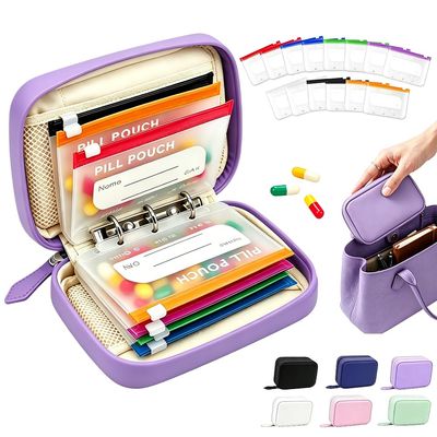 HAHAKUK Large Capacity Pill Container, Waterproof Pill Case with 14 Zipper-Lock Medication Pockets, BPA-Free Food Grade Silicone, Reusable Clear Bags for Travel, Home, Organizer & Daily Use (Purple)