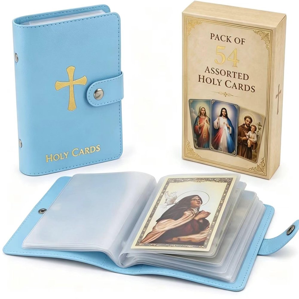 Catholic Leather Holy Card Holder Pocket Prayer Card Organizer with Snap Closure Portable Devotional Card Wallet for Mass, Daily Prayer & Catholic Gifts for Women Men (A, with Cards)