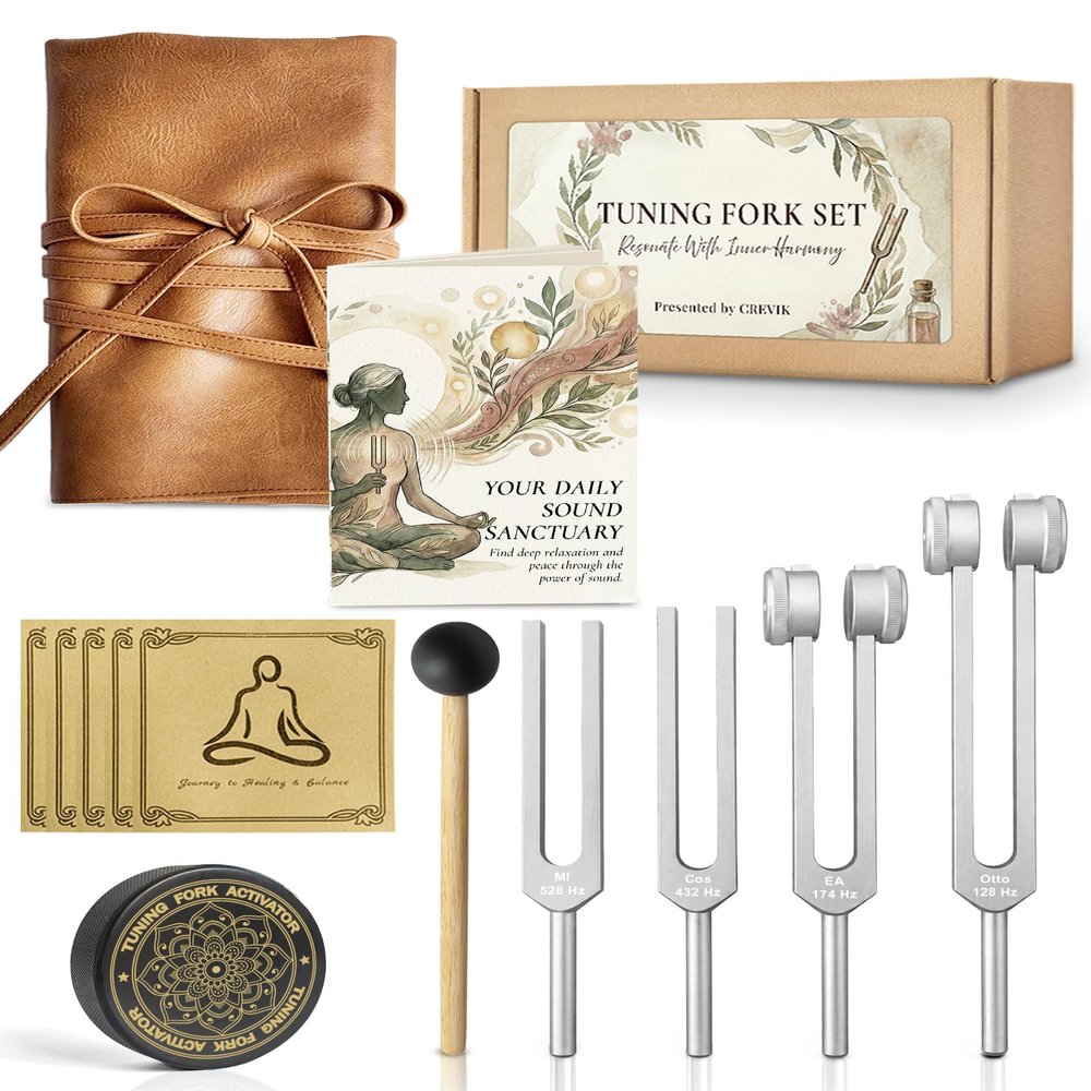 CREVIK Tuning Forks for Healing Set - 128 Hz, 174 Hz, 432 Hz, 528 Hz Weighted & Unweighted Tuning Fork Kit