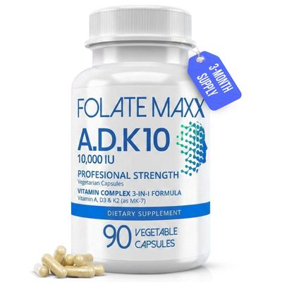 FOLATE MAXX ADK 10 Vitamin Supplement Doctor Formulated Vitamin A, D3 (10,000 IU) & K2 as MK-7 Supports Immune Health, Bone Strength & Calcium Absorption Non-GMO, Gluten Free 90 Servings
