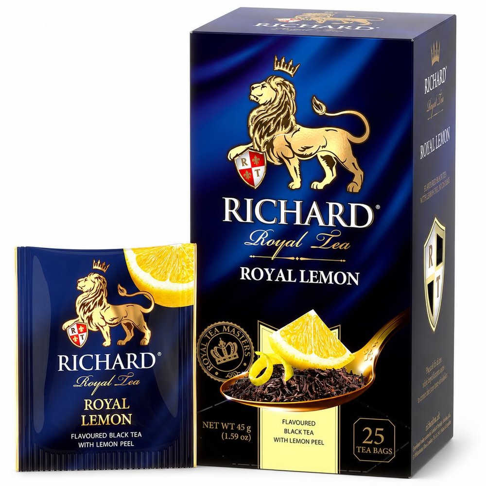 Richard Royal Tea Lemon Black Tea Bags Flavored Black Tea with Lemon Peel & Rosemary Premium Citrus Black Tea Gift Box 25 Count, Made in UK