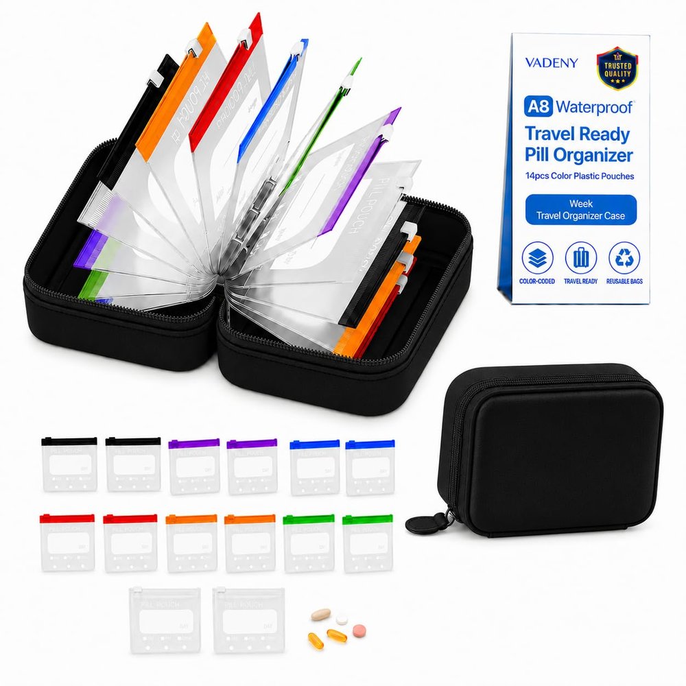 Travel Pill Organizer A8 Waterproof Pill Pouches with Binder 14 PCS L Size Clear Zipper Medicine Storage Bags with Labels Reusable Pill Holder Case for Vitamins Daily Use and Trips