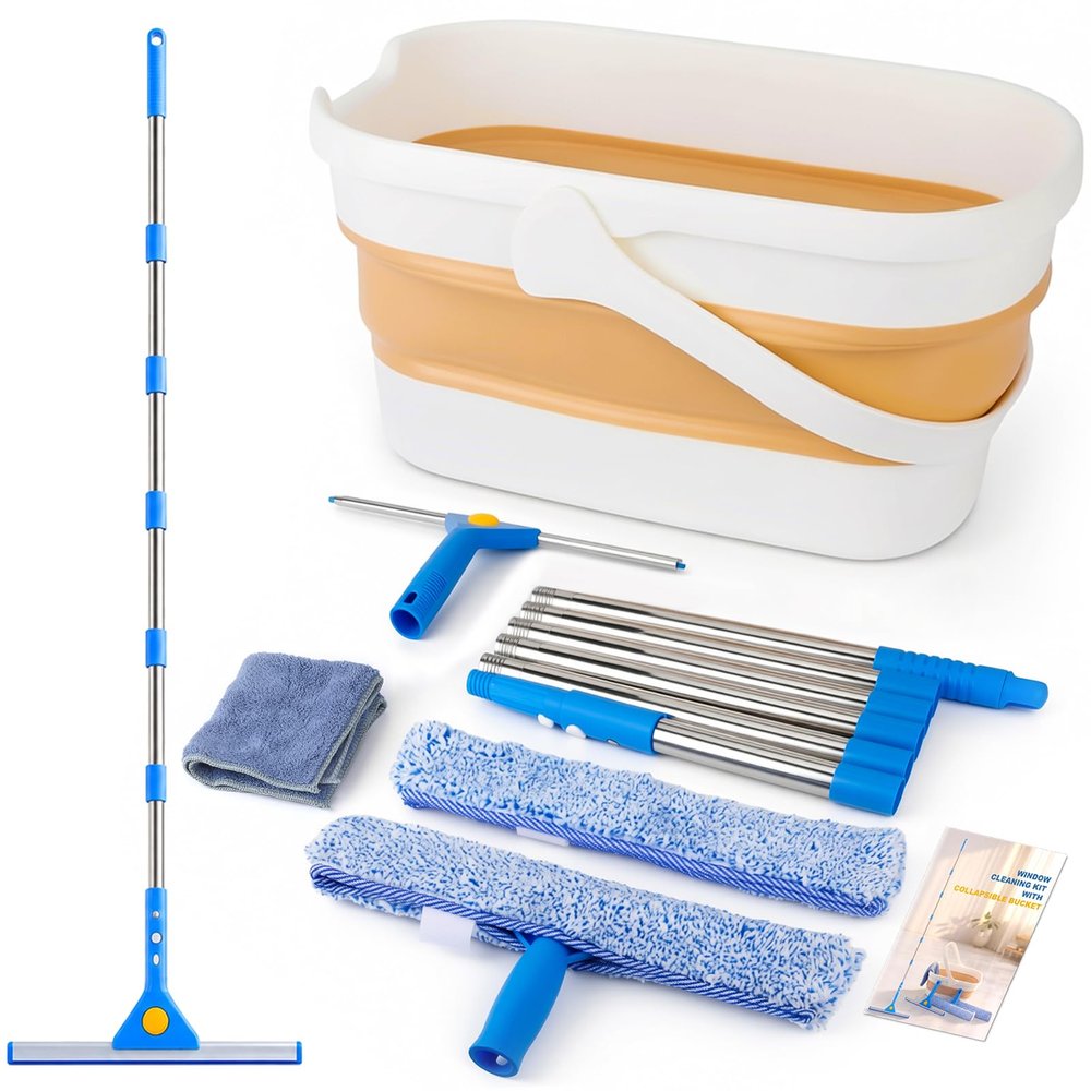 Window Cleaning Kit, 3 Gallon Foldable Bucket, 87 Inch Long Handle