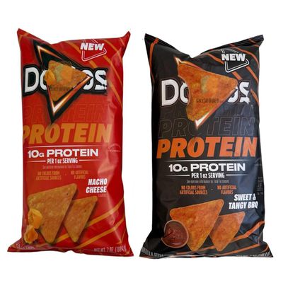 High Protein Tortilla Chips Variety Pack, 2-Pack (7 oz Bags) Baked Nacho Cheese and Sweet & Tangy BBQ Protein Corn Chips, 10g Protein Per Serving, Low Carb Crispy Fitness Snacks for Gym, Home, and Office (14 oz Total)