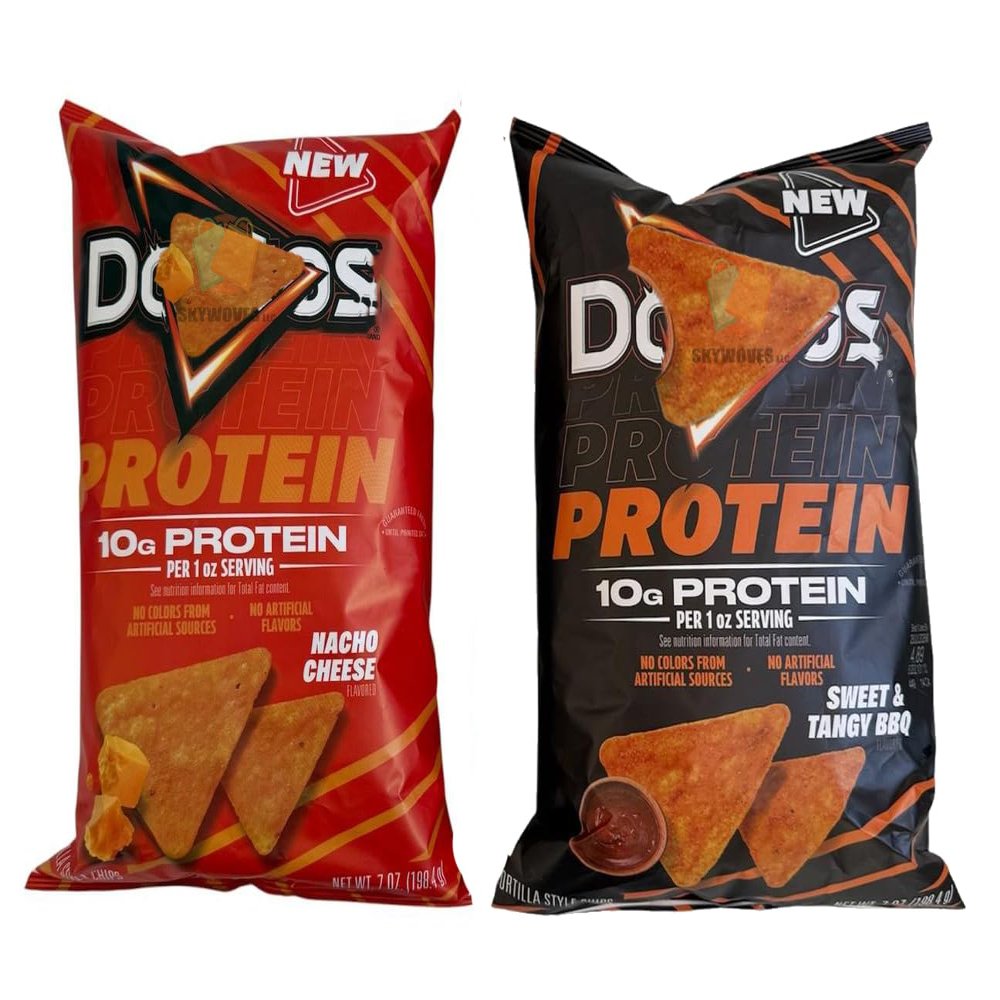 High Protein Tortilla Chips Variety Pack, 2-Pack (7 oz Bags) Baked Nacho Cheese and Sweet & Tangy BBQ Protein Corn Chips, 10g Protein Per Serving, Low Carb Crispy Fitness Snacks for Gym, Home, and Office (14 oz Total)