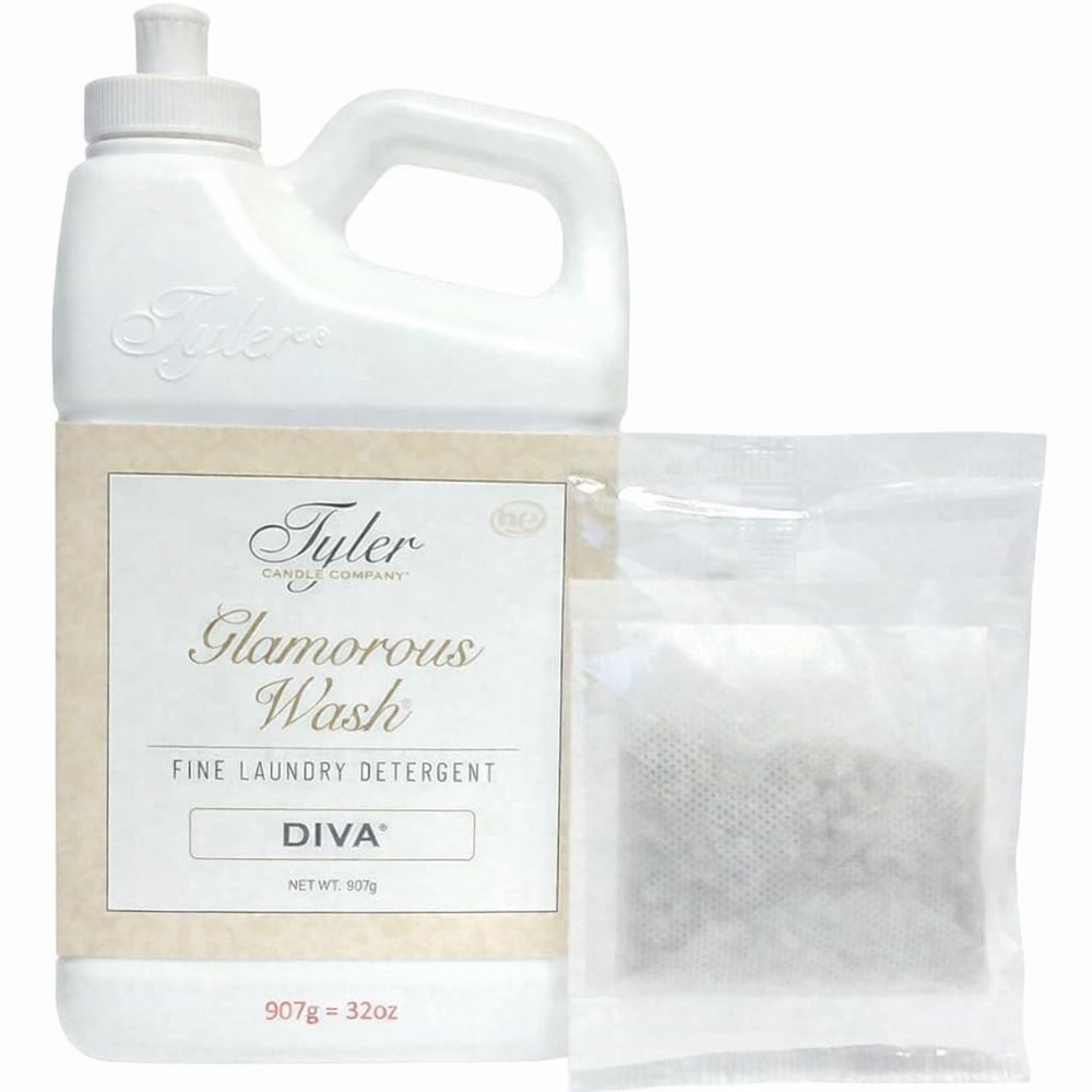 Tyler Glam Wash Laundry Detergent, Diva, Liquid, 32 Fl Oz HE Safe/with Dryer Sachet Single Pouch, Pull and Pour Spill Proof Cap ol
