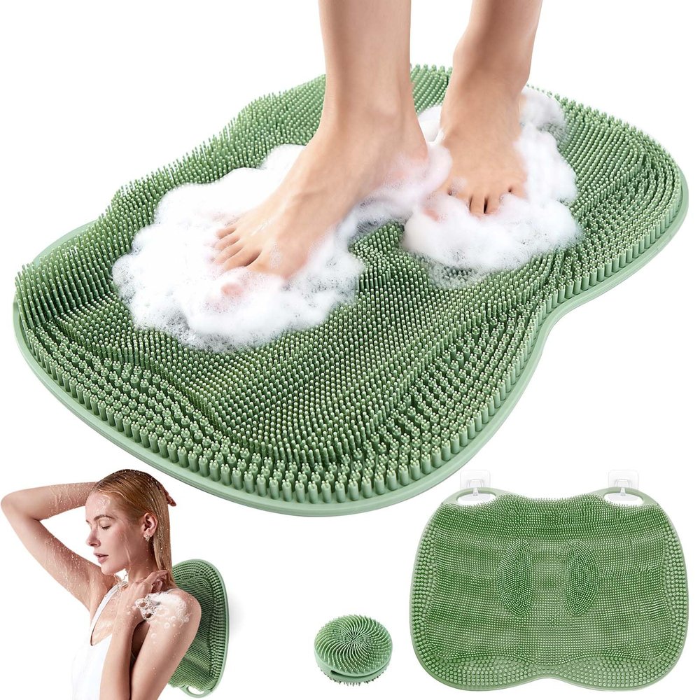 EaTubano Large Foot Scrubber in Shower (L, 24"x20") - Silicone Foot Scrubber for Shower, Non-Slip Suction Cup Bath Mat, Clean Feet & Toes Without Bending, Textured Foot Exfoliator - Green