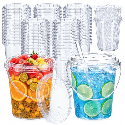 48 Pack 34 oz Drink Buckets with Lids, Straws & Handles, Disposable Clear Plastic Iced Coffee Cups for Milkshakes, Smoothies, Fruit Drinks, Rum & Lemonade Buckets for Pools, Beaches, Bars & Parties