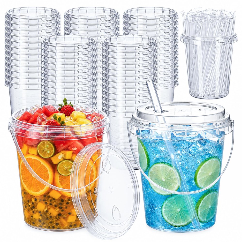 48 Pack 34 oz Drink Buckets with Lids, Straws & Handles, Disposable Clear Plastic Iced Coffee Cups for Milkshakes, Smoothies, Fruit Drinks, Rum & Lemonade Buckets for Pools, Beaches, Bars & Parties