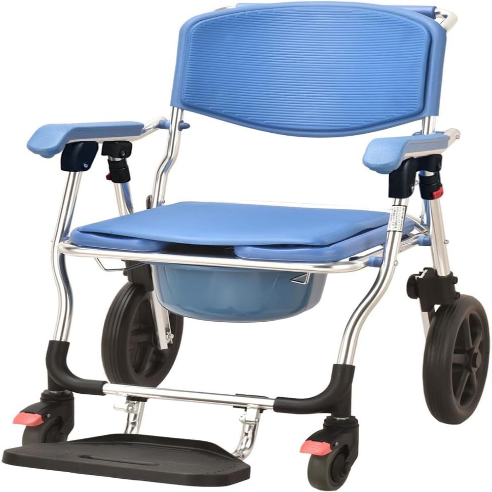Foldable Mobility Shower Chair with Wheels, 3-in-1 Toilet & Shower Aid for Elderly & Disabled, Supports 330lbs, Ideal for Bedside & Bathroom Use Blue Large Wheel