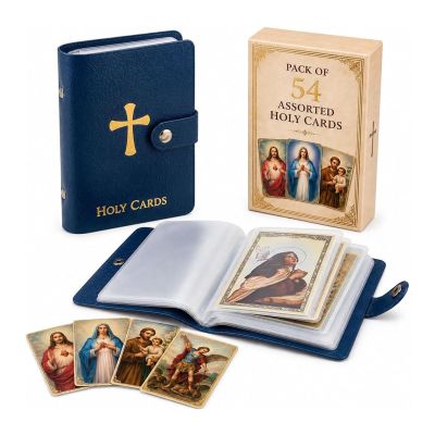 Catholic Faux Leather Holy Card Holder Pocket Prayer Card Organizer with Snap Closure, 40 Sleeves Per Booklet for Daily Prayer, Church & Funeral (Blue)