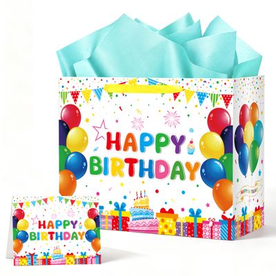 WNINK Large Happy Birthday Gift Bag with Sage Green Tissue Paper and Greeting Card, 13 Inch Colorful Balloon Birthday Wrapping Bag for Women Girls Family Birthday Party Supplies