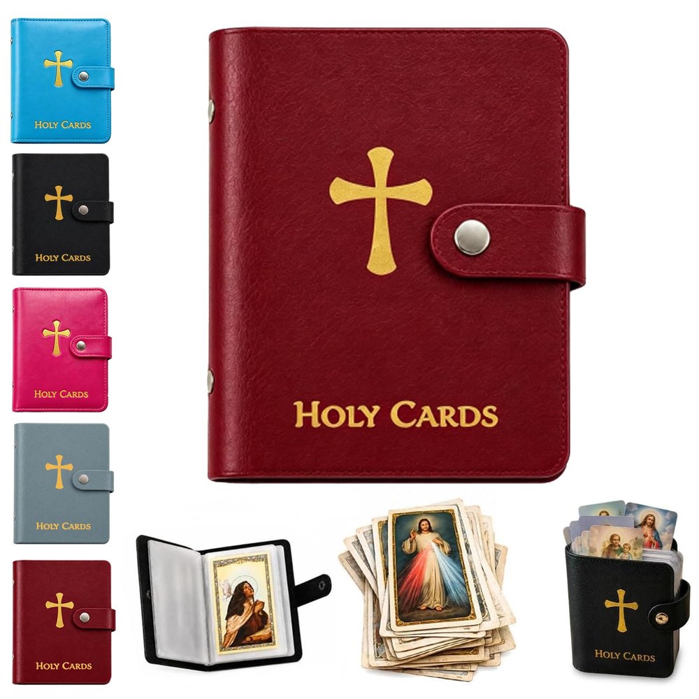 Catholic Prayer Card Holder, Holy Card Holder Book, Pocket Prayer Cards Organizer with Snap Closure, Holds up to 40 Religious Cards, Compact Booklet For Daily Use (E, No Cards)