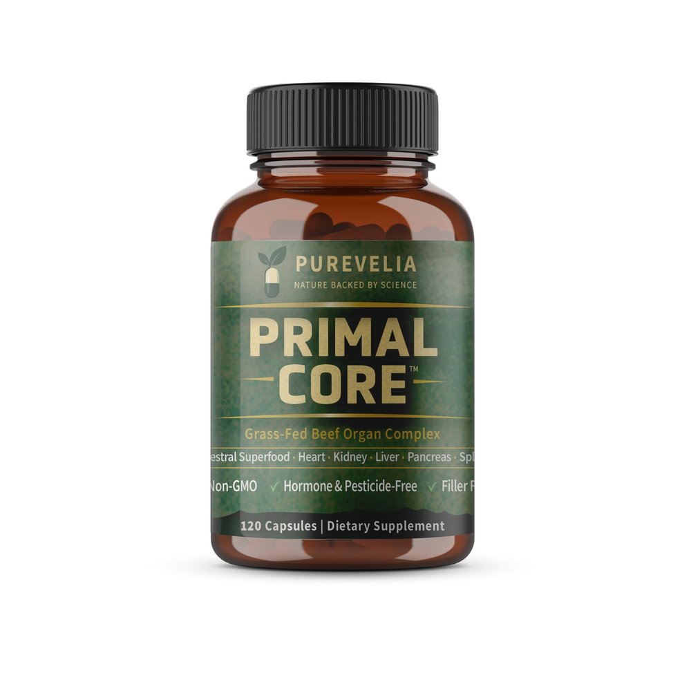 Purevelia Primal Core Grass-Fed Beef Organ Complex 120 Capsules, Beef Liver, Heart, Kidney, Pancreas & Spleen Whole Food Organ Supplement