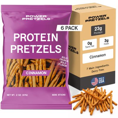 Power Pretzels Cinnamon Protein Pretzel Sticks, Dairy Free and Plant-Based with 23g Protein per Bag, Savory and Crunchy Low Calorie Snack for Active Adults 2 oz (6 Pack) (Cinnamon)