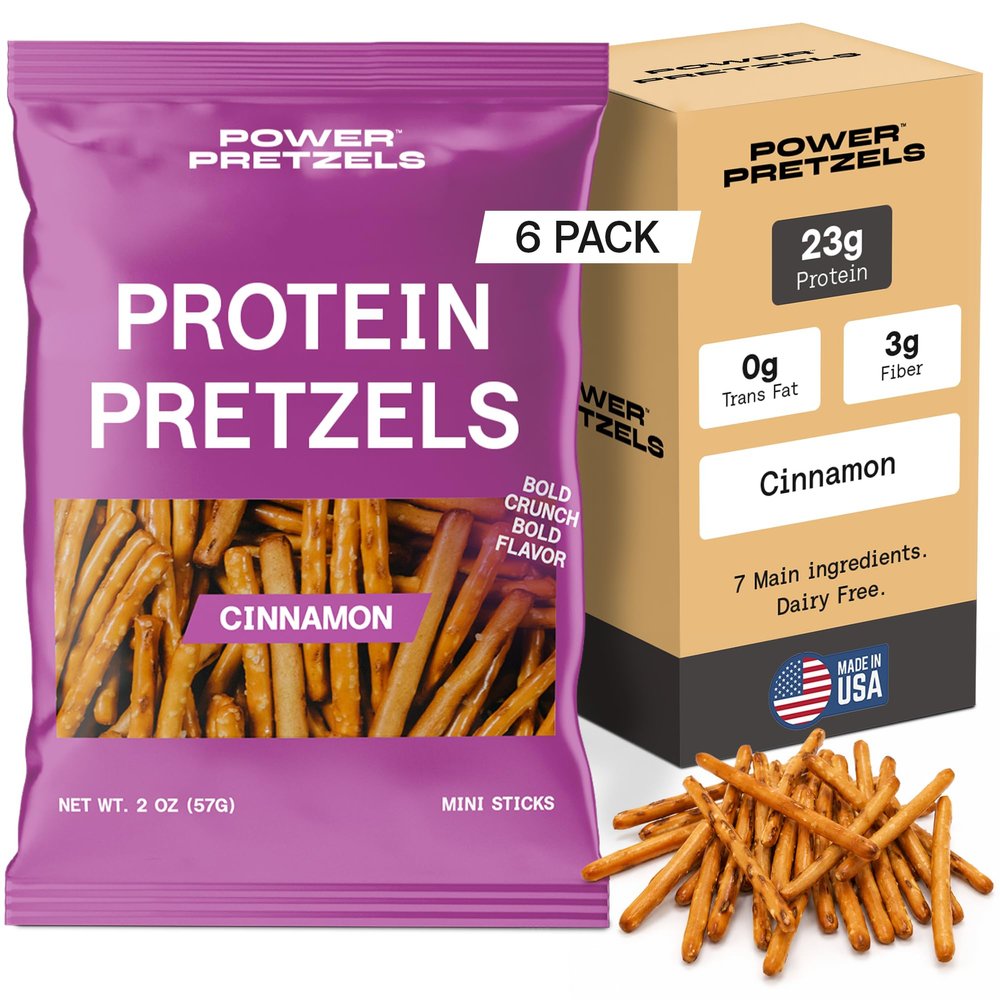 Power Pretzels Cinnamon Protein Pretzel Sticks, Dairy Free and Plant-Based with 23g Protein per Bag, Savory and Crunchy Low Calorie Snack for Active Adults 2 oz (6 Pack) (Cinnamon)
