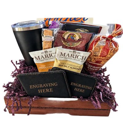 The BroBasket Coffee Congratulations Crate with Travel Mug, Engraved Leather Coasters, Jerky, Gourmet Snacks, Chocolate, Biscotti, Caramel Popcorn, Rosewood Half Basket, Greeting Card