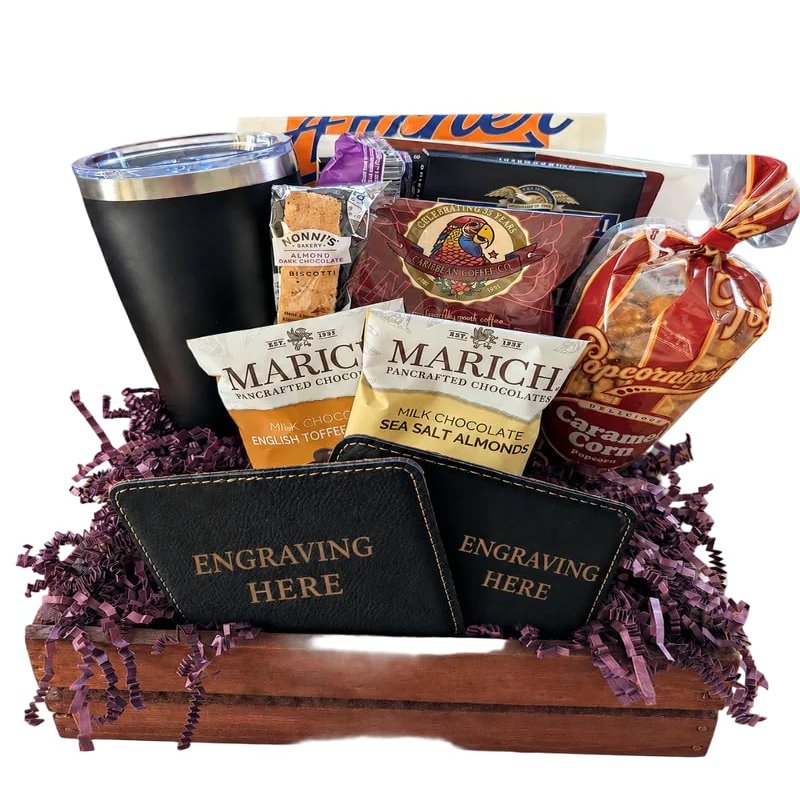 The BroBasket Coffee Congratulations Crate with Travel Mug, Engraved Leather Coasters, Jerky, Gourmet Snacks, Chocolate, Biscotti, Caramel Popcorn, Rosewood Half Basket, Greeting Card