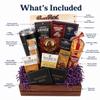 The BroBasket Coffee Congratulations Crate with Travel Mug, Engraved Leather Coasters, Jerky, Gourmet Snacks, Chocolate, Biscotti, Caramel Popcorn, Rosewood Half Basket, Greeting Card view 2