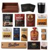 The BroBasket Coffee Congratulations Crate with Travel Mug, Engraved Leather Coasters, Jerky, Gourmet Snacks, Chocolate, Biscotti, Caramel Popcorn, Rosewood Half Basket, Greeting Card view 3