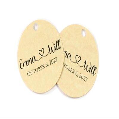 Round Wedding Tags - Names interconnected with Heart (Antique Gold)