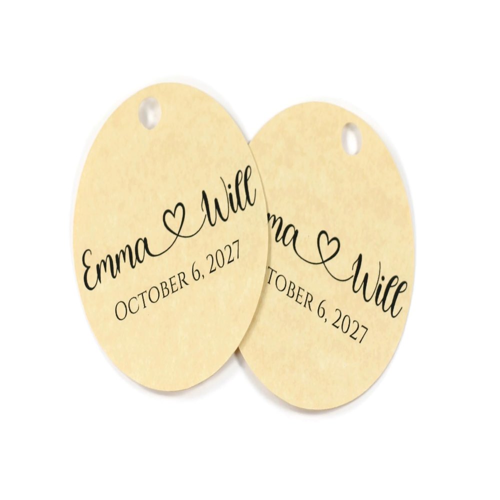 Round Wedding Tags - Names interconnected with Heart (Antique Gold)