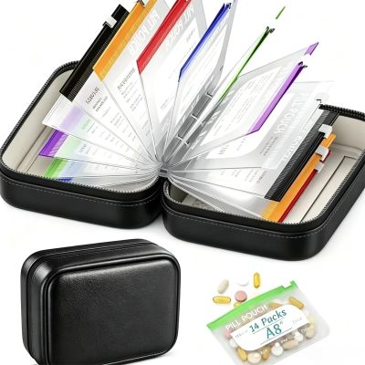 Travel Pill Organizer with 14 Color-Coded Pouches, Portable Waterproof PU Leather 3-Ring Binder Pill Case for Travel, Daily Medication Pouches with Labels Black