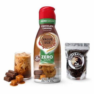 Zero Sugar Chocolate Caramel Liquid Coffee Creamer 32 fl oz Bottles of Creamy Smooth Non-Dairy Creamer with Dumbass Coffee Whole Coffee Bean