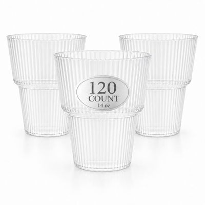 Lillian 14 oz Clear Ribbed Plastic Tumblers, 120 Pack - Shatterproof Disposable Drinking Cups, Elegant Hard Plastic Party Cups for Weddings, Parties & Special Events