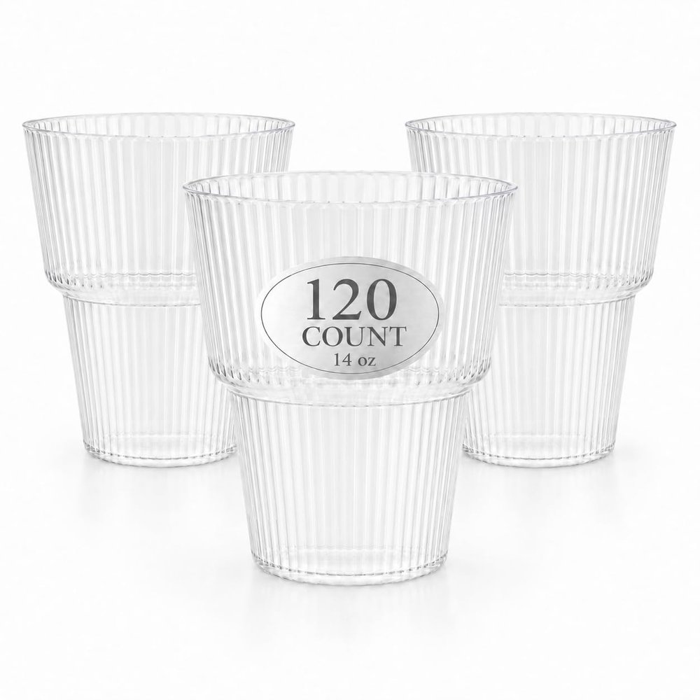 Lillian 14 oz Clear Ribbed Plastic Tumblers, 120 Pack - Shatterproof Disposable Drinking Cups, Elegant Hard Plastic Party Cups for Weddings, Parties & Special Events
