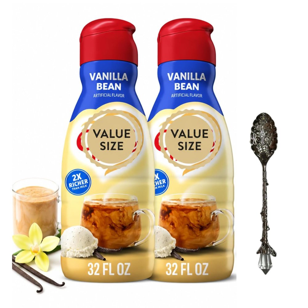 Vanilla Bean Liquid Coffee Creamer, 32 fl oz Bottles, Pack of 2, Flavored Coffee Creamer for Hot or Iced Coffee with Candy Freezer Gem Spoon