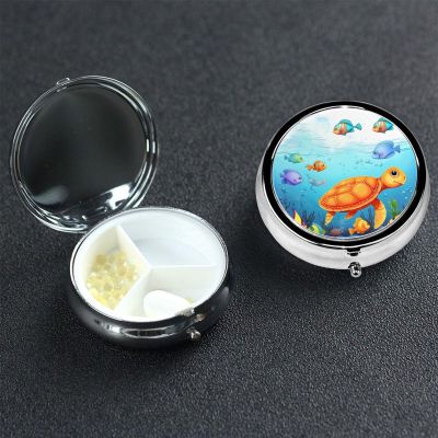 Turtle and Fish Pill Box with Mirror 3 Compartment Decorative Pill Case for Purse or Pocket Small Round Pill Organizer Weekly Metal Medicine Tablet Vitamin Holder Travel Gift