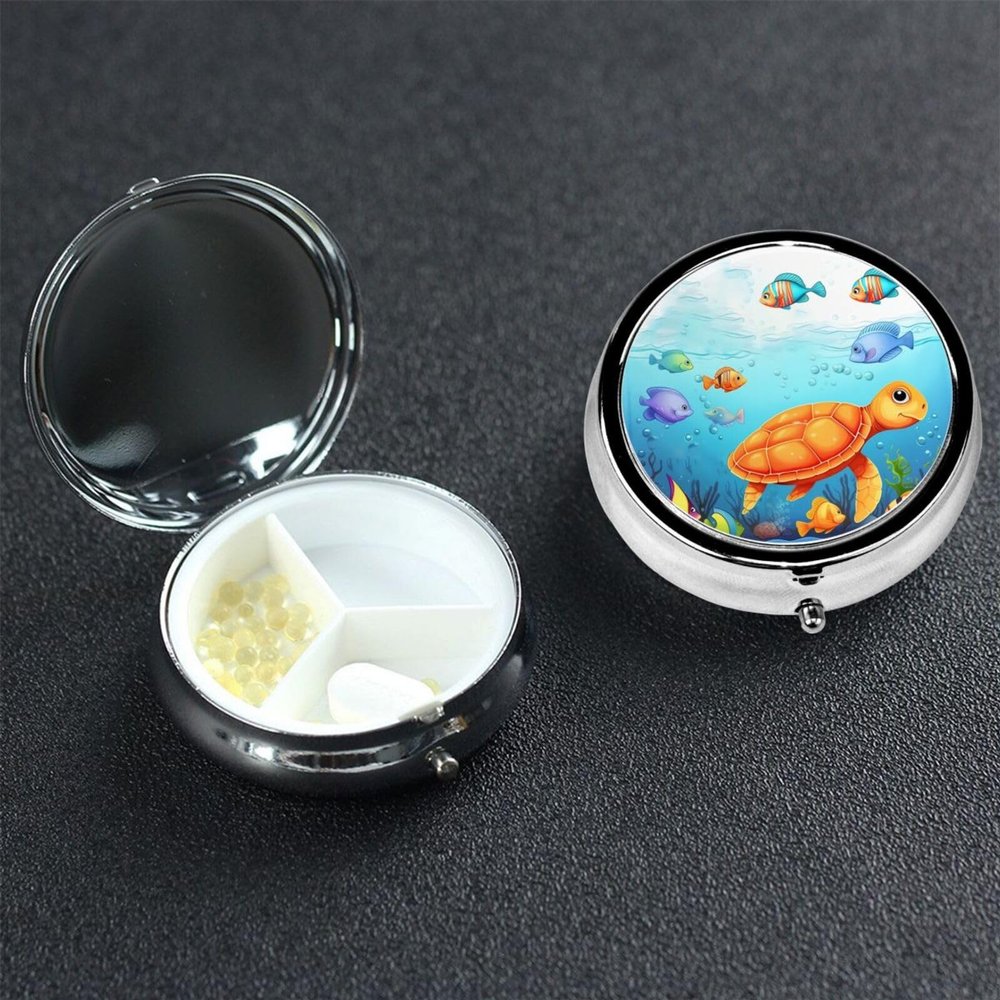 Turtle and Fish Pill Box with Mirror 3 Compartment Decorative Pill Case for Purse or Pocket Small Round Pill Organizer Weekly Metal Medicine Tablet Vitamin Holder Travel Gift