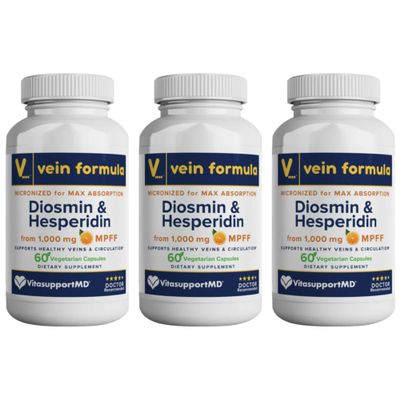 VITASUPPORTMD Vein Formula Diosmin Hesperidin 1000mg, Micronized Bioflavonoids for Healthy Blood Circulation, Vein Support Supplement for Legs and Feet, 180 Capsules (Pack of 3)
