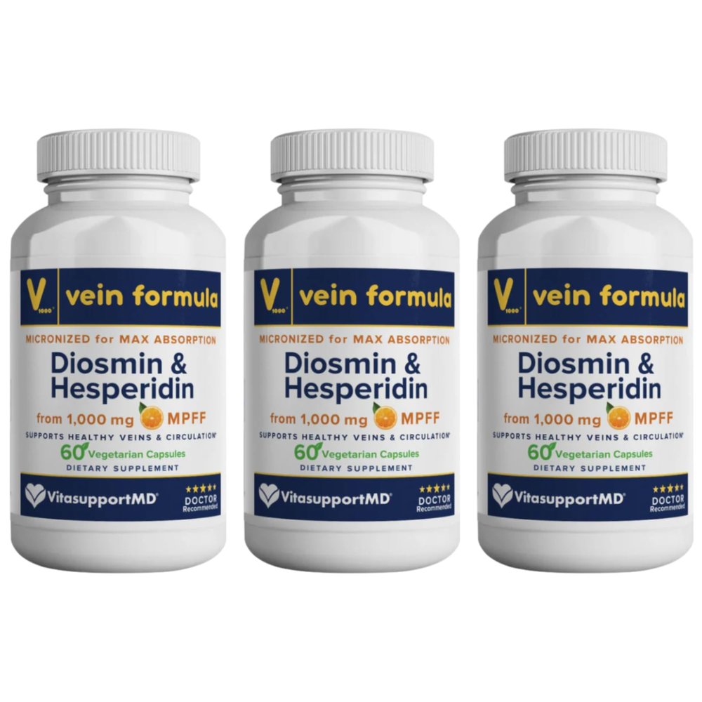 VITASUPPORTMD Vein Formula Diosmin Hesperidin 1000mg, Micronized Bioflavonoids for Healthy Blood Circulation, Vein Support Supplement for Legs and Feet, 180 Capsules (Pack of 3)
