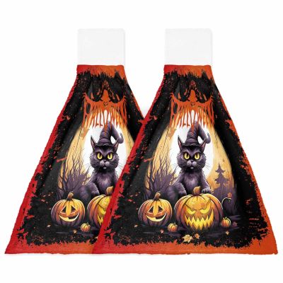 VANPTBNHS 2 Pack Hanging Kitchen Towels,Halloween Black Cat Pumpkin Absorbent Soft Hand Tie Towel with Loops Dish Cloths Wash Cloth for Bathroom Laundry Room Tree Branch Moon on Black