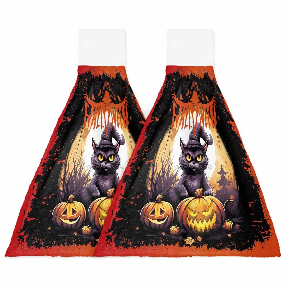 VANPTBNHS 2 Pack Hanging Kitchen Towels,Halloween Black Cat Pumpkin Absorbent Soft Hand Tie Towel with Loops Dish Cloths Wash Cloth for Bathroom Laundry Room Tree Branch Moon on Black