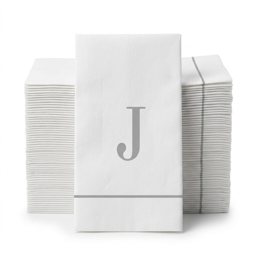 Altoona Design Monogrammed Guest Towel Napkins Personalized Disposable Hand Towels - Silver Letter J Napkins for Wedding, Baby Shower, Engagement Party, Bathroom - 64 Pack