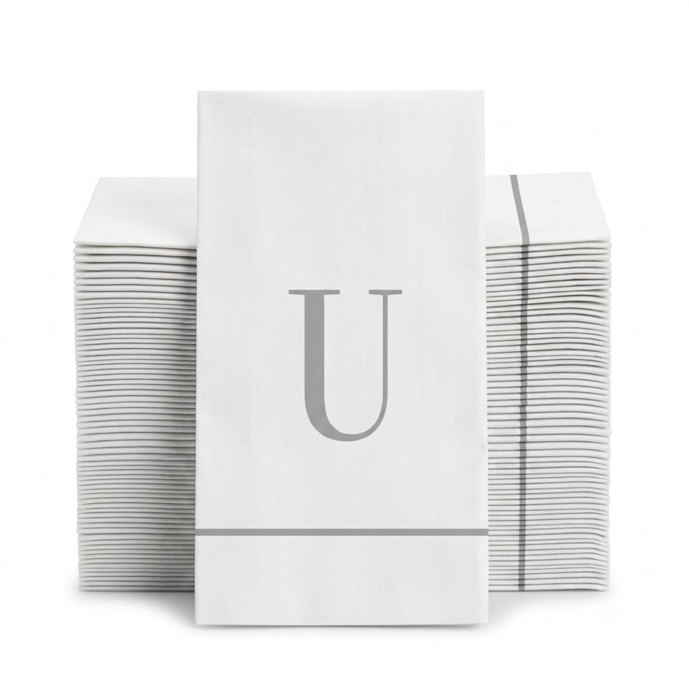 Altoona Design Monogrammed Guest Towel Napkins Personalized Disposable Hand Towels - Silver Letter U Napkins for Wedding, Baby Shower, Engagement Party, Bathroom - 32 Pack