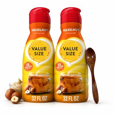 Hazelnut Liquid Coffee Creamer, 32 fl oz Bottles Pack of 2, Sweet Creamy Flavored Creamer with Candy Freezer Wooden Spoon