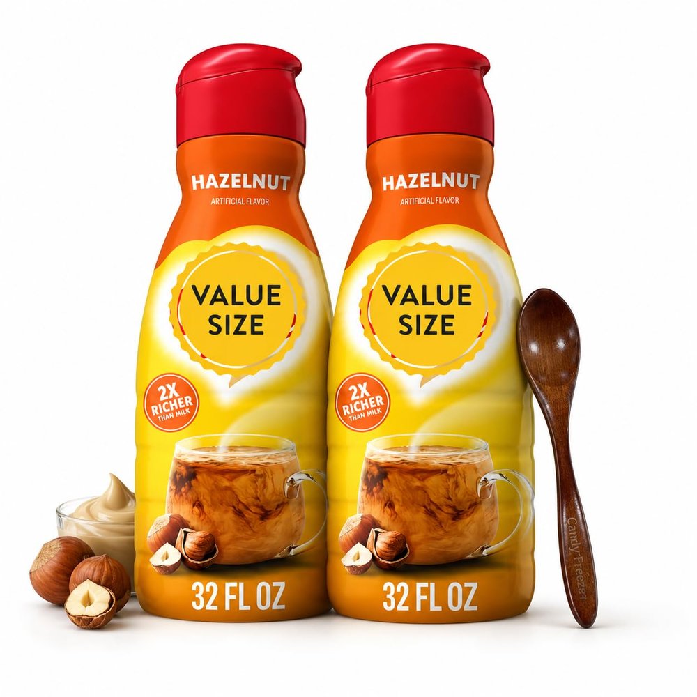 Hazelnut Liquid Coffee Creamer, 32 fl oz Bottles Pack of 2, Sweet Creamy Flavored Creamer with Candy Freezer Wooden Spoon