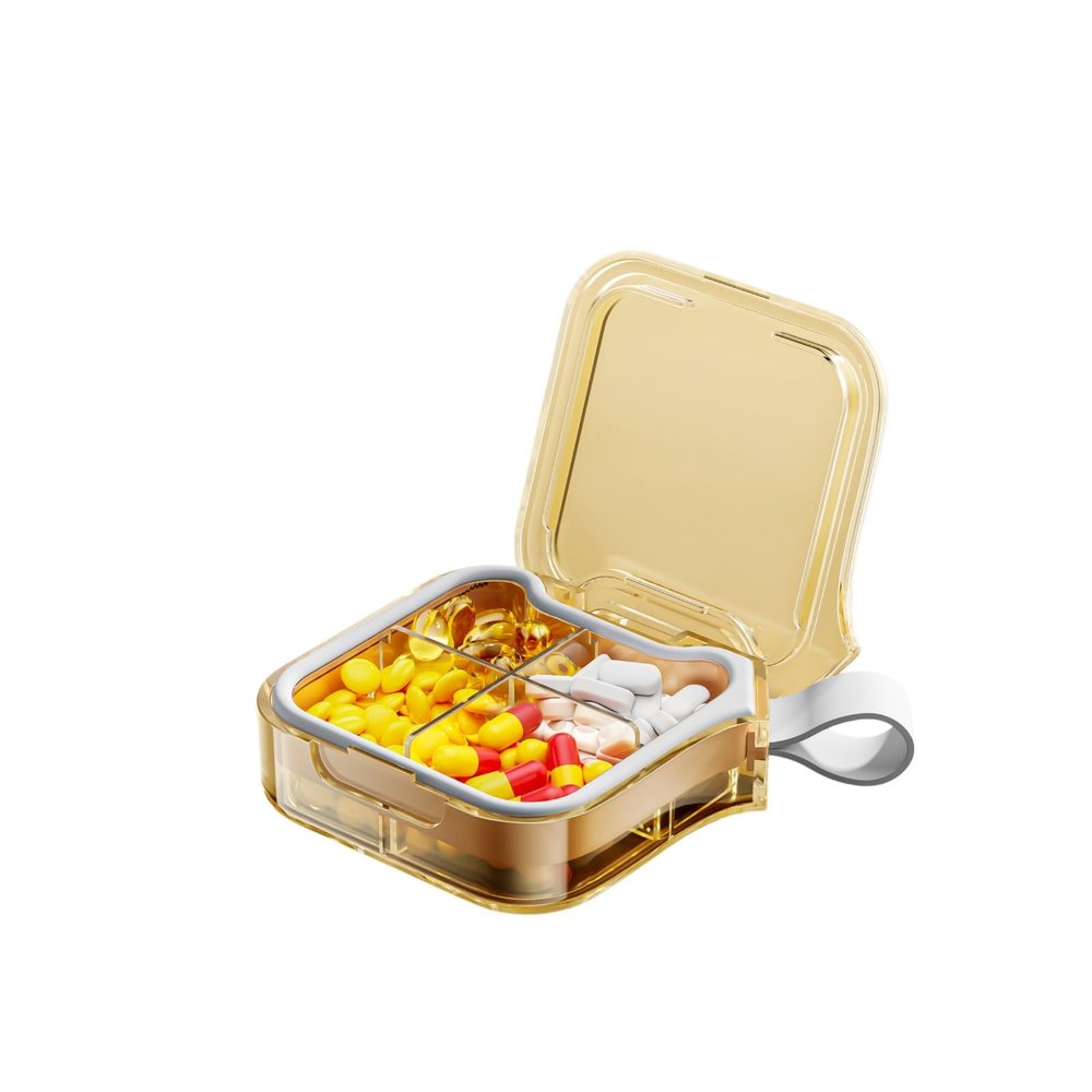 Moisture Proof Weekly Pill Organizer, Small Portable 7 Day Pill Box with Sealed Lid, Travel Pill Case for Vitamins & Supplements (Yellow,4 grids)