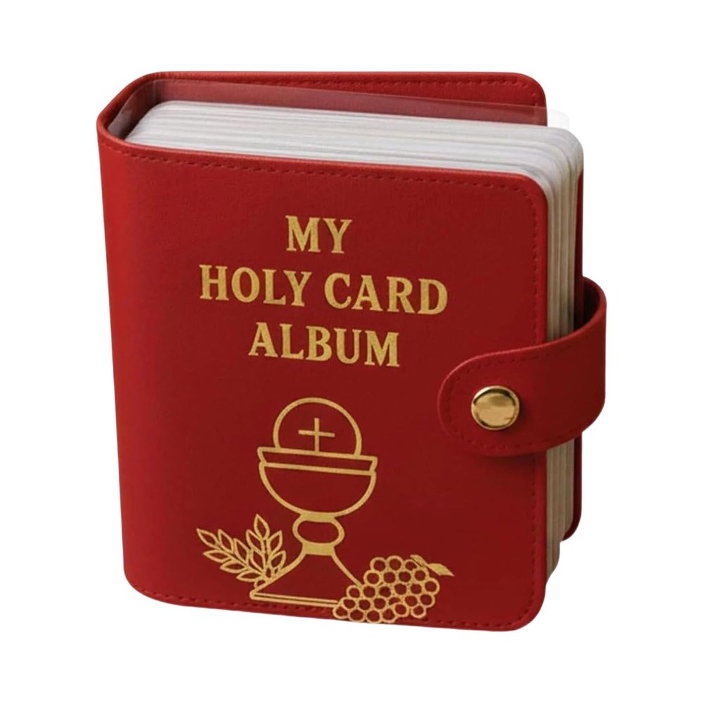 Catholic Genuine Leather Holy Card Holder, Pocket Prayer Card Organizer With Snap Closure Book for Daily Prayer & Religious Gifts (Red)