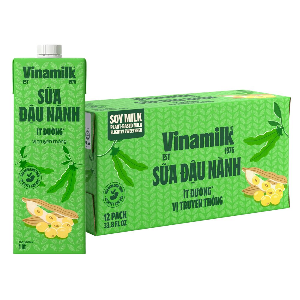 Vinamilk Soy Milk, Less Sugar Plant-Based Milk, 33.8 Fl Oz (1L), Pack of 12