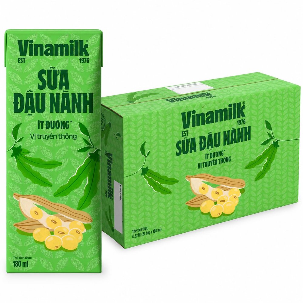 Vinamilk Soy Milk, Less Sugar Plant-Based Milk, 6 Fl Oz (180ml), Pack of 24